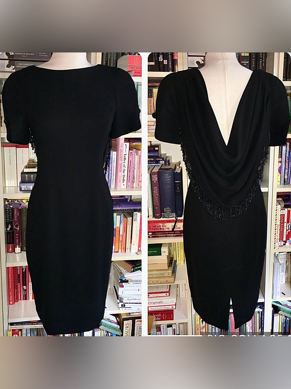 Cache Draped Low Scoop Back Black Beaded Dress